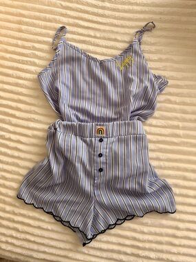Rae Dunn Light Blue and White Striped Pajama Set with Navy Accents